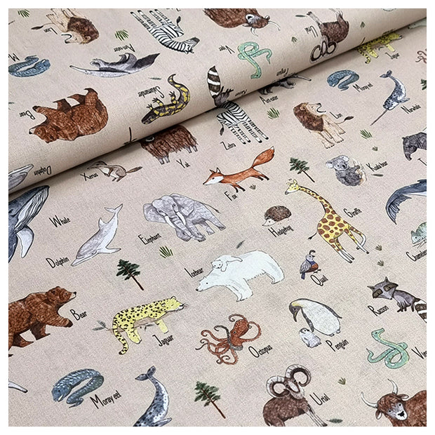 Baumwoll-Popeline Digital Tiere beige