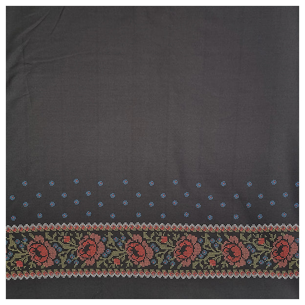 Baumwollsatin Bordüre schwarz mit rot und blau