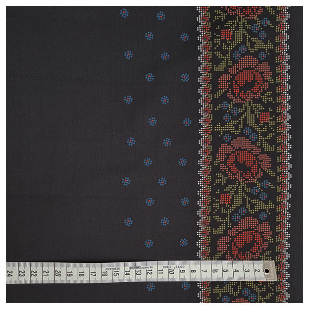 Baumwollsatin Bordüre schwarz mit rot und blau