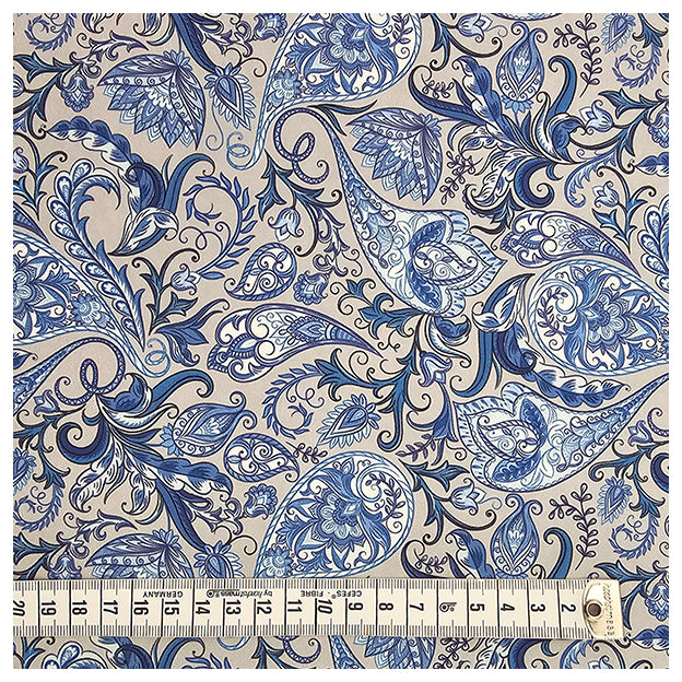 Baumwollsatin Paisley in blau und grau