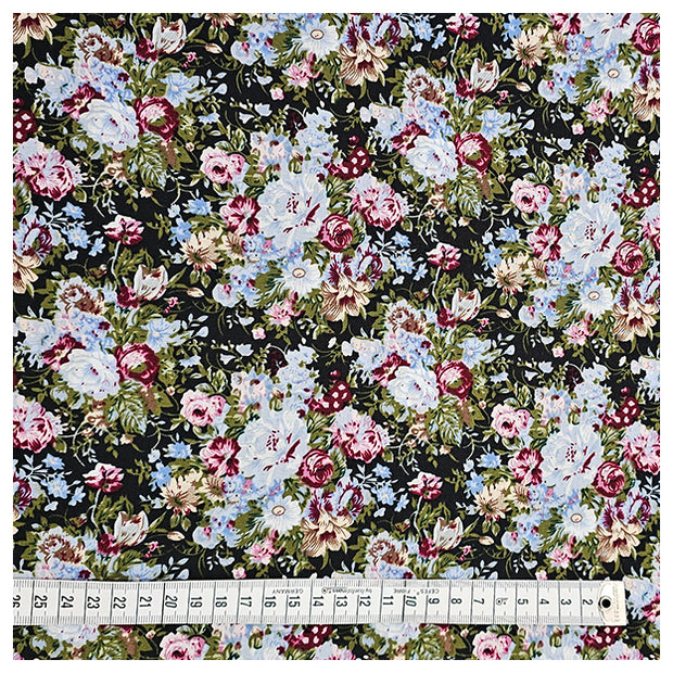 Baumwoll-Popelin Blumen hellblau, grün und rosa