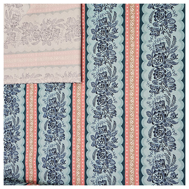 Baumwolle fein Blumen und Streifen blau mit beige
