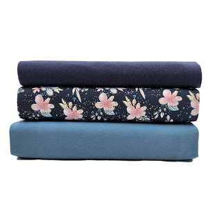 Jersey Stoffpaket Blumen jeansblau und uni mit Bündchen