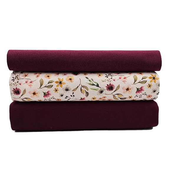 Jersey Stoffpaket Blumen ecru und uni bordeaux mit Bündchen