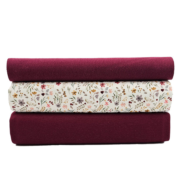 Jersey Stoffpaket Blumen Collage ecru und uni bordeaux mit Bündchen