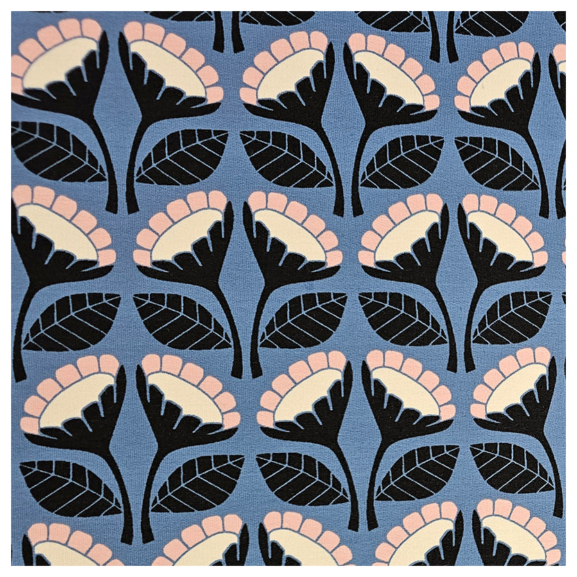 French Terry Blumen blau geraut