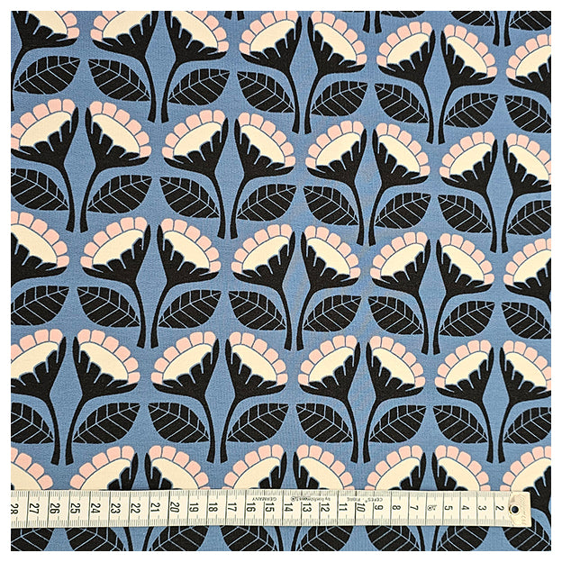 French Terry Blumen blau geraut