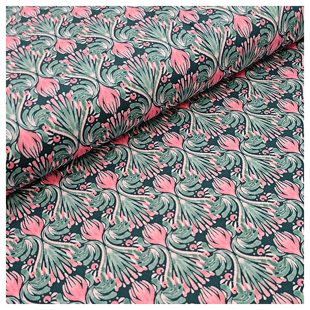 Baumwollsatin Blumen rosa mit dunkelgrün