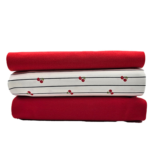 Jersey Stoffpaket Kirschen und uni rot mit Bündchen