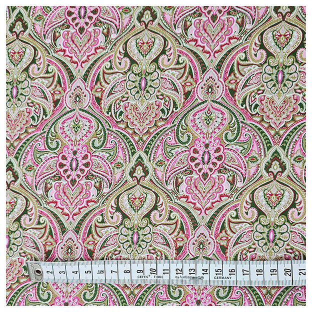 Baumwollsatin Siena Ornamente pink und grün