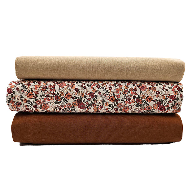 Jersey Stoffpaket Blümchen und uni goldbraun mit Bündchen