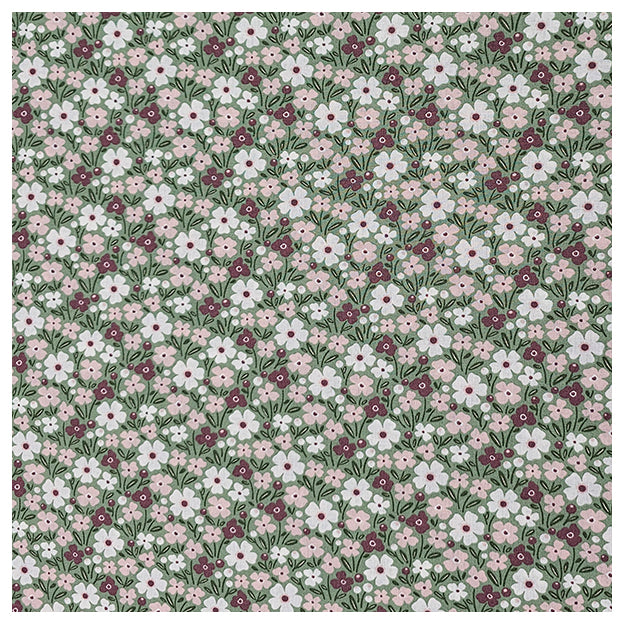 Baumwoll-Popelin Blumen rosa, weinrot und grün