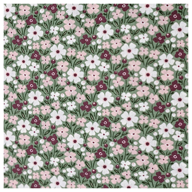 Baumwoll-Popelin Blumen rosa, weinrot und grün