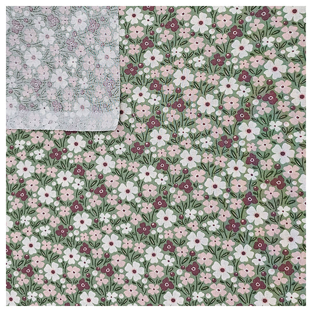 Baumwoll-Popelin Blumen rosa, weinrot und grün