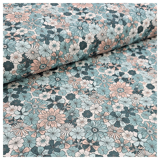Baumwoll-Popelin Blumen petrol und nude
