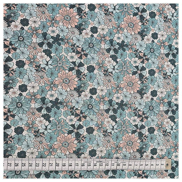 Baumwoll-Popelin Blumen petrol und nude