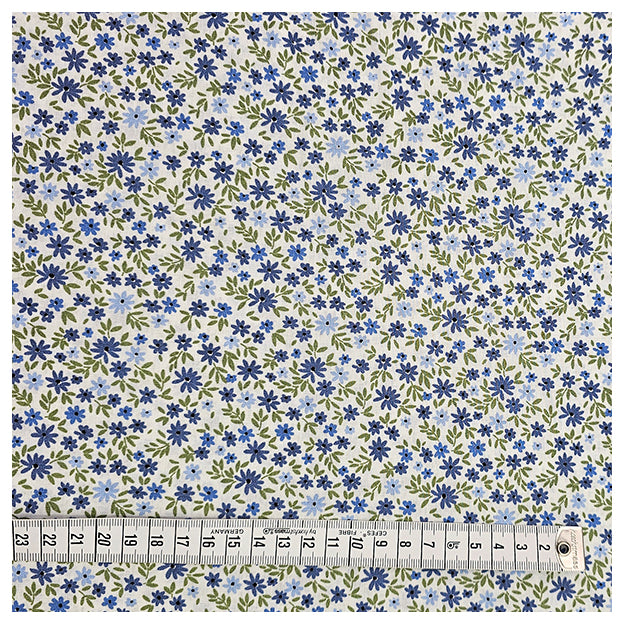 Baumwoll-Popelin Blümchen indigoblau und grün