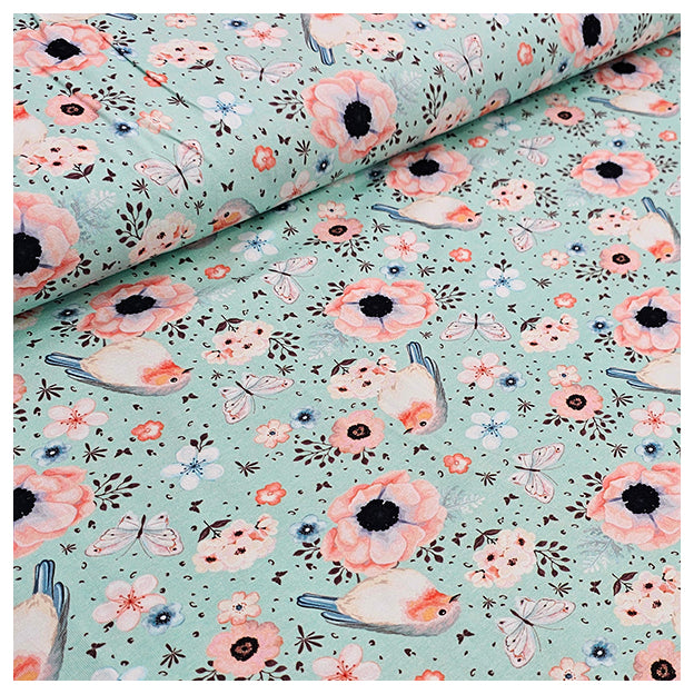 Jersey Vögel und Blumen in mint