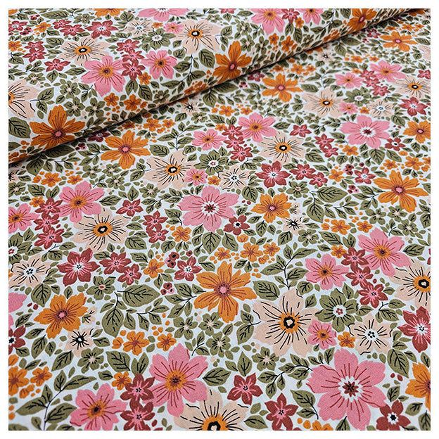 Baumwoll-Popelin Blumen grün, rosa und terra
