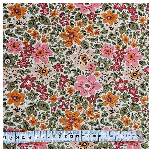 Baumwoll-Popelin Blumen grün, rosa und terra