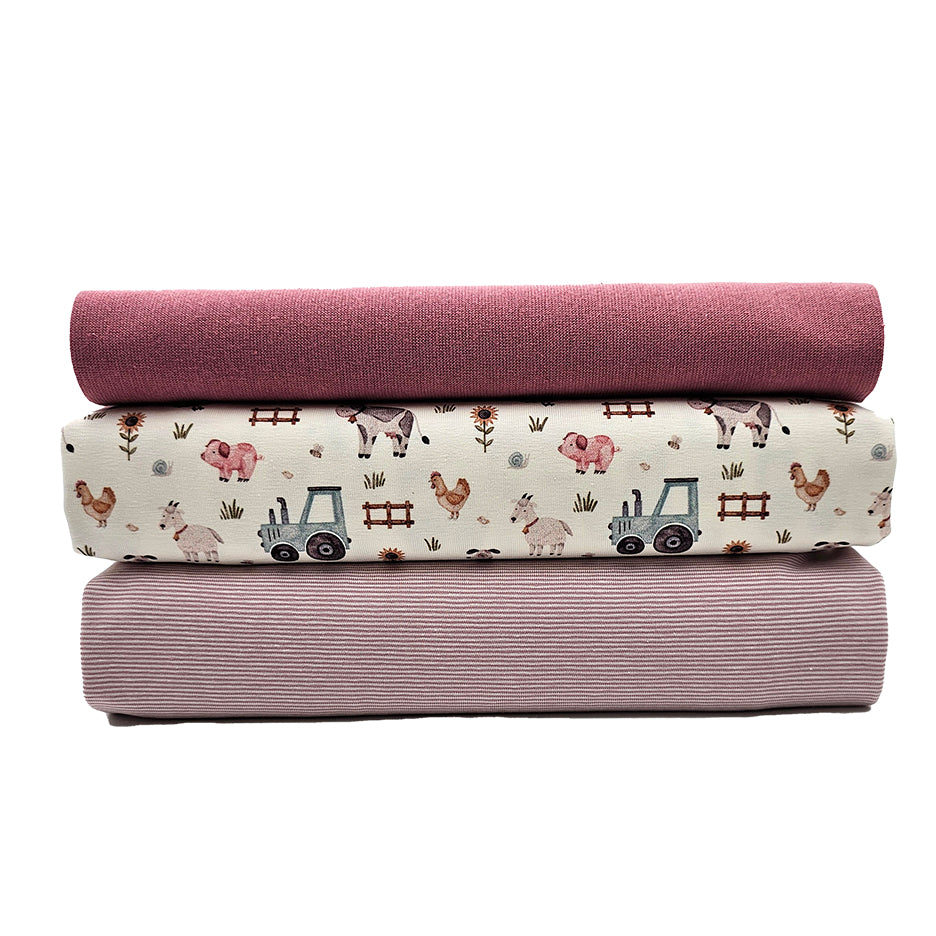 Jersey Stoffpaket Bauernhof und streifen rosa mit Bündchen