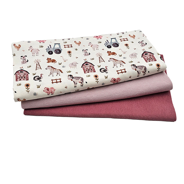 Jersey Stoffpaket Bauernhof und streifen rosa mit Bündchen