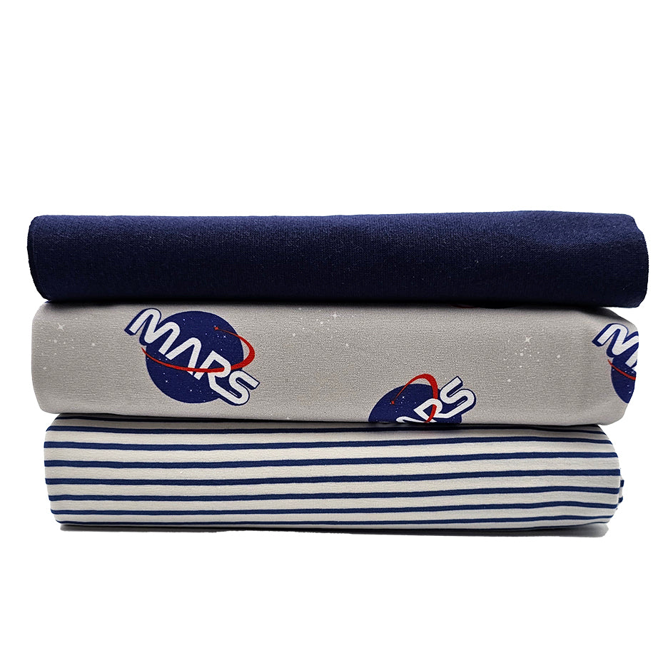 Jersey Stoffpaket Weltraum und Streifen kobalt mit Bündchen