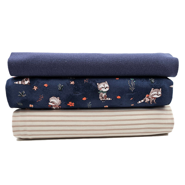 Jersey Stoffpaket Waschbär und streifen mit Bündchen jeansblau