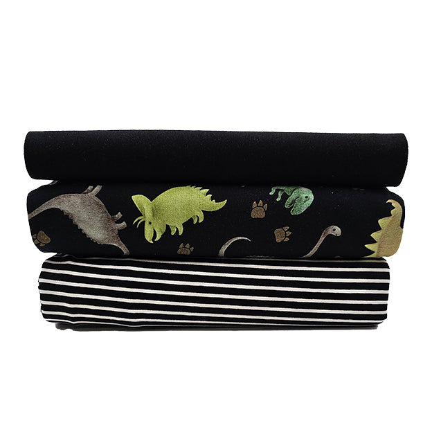 Jersey Stoffpaket Dinosaurier schwarz und Streifen mit Bündchen