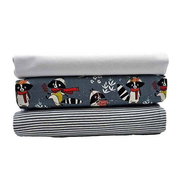 Jersey Stoffpaket Waschbären und streifen mit Bündchen weiß