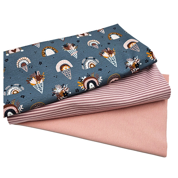 Jersey Stoffpaket Blumen, Regenbogen und Jersey streifen rosa mit Bündchen Bio