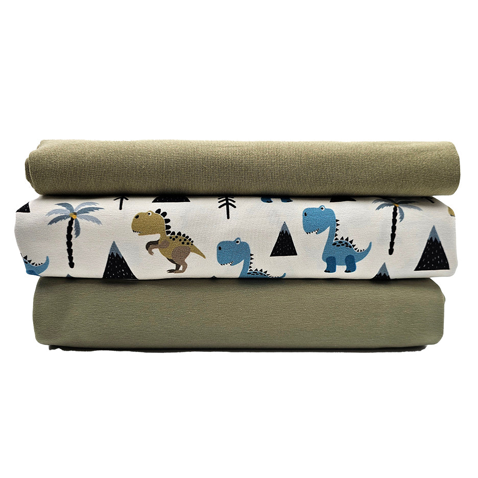 Jersey Stoffpaket Dinos naturweiß und uni lindgrün mit Bündchen