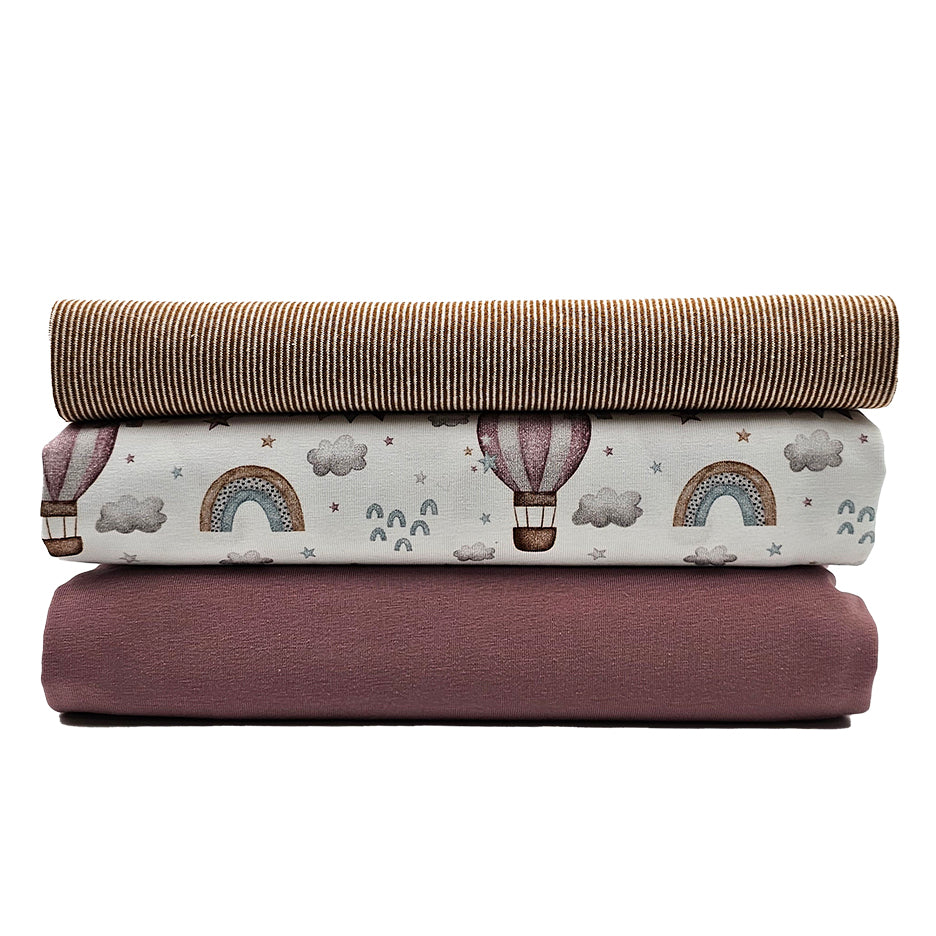 Jersey Stoffpaket Regenbogen mit Heißluftballon und uni mit Bündchen