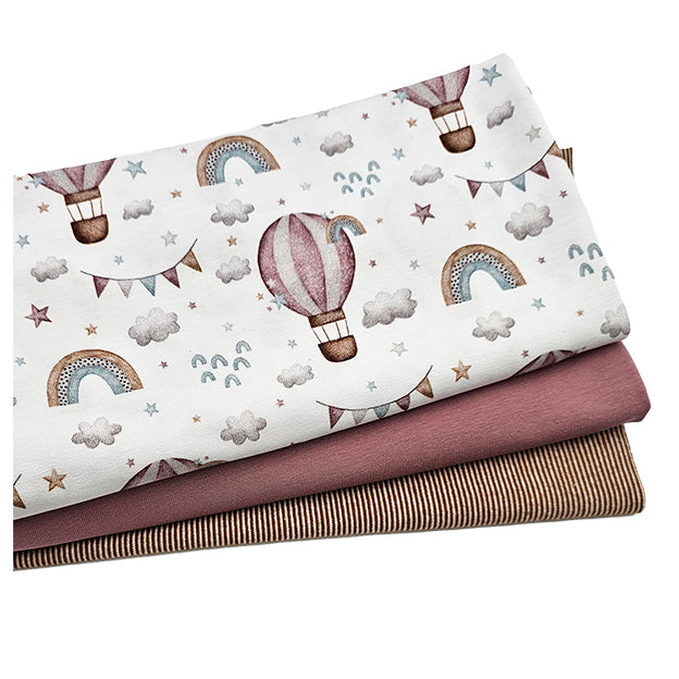 Jersey Stoffpaket Regenbogen mit Heißluftballon und uni mit Bündchen