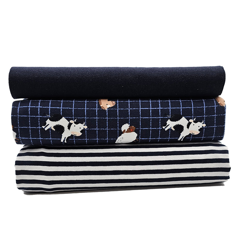 Jersey Stoffpaket Bauernhof und streifen marine mit Bündchen Bio