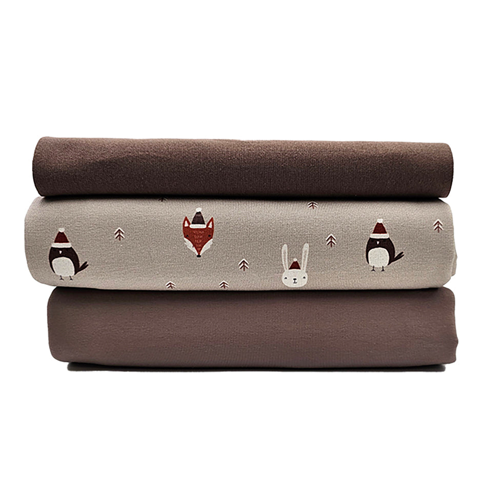 French Terry Stoffpaket Tiere und braun mit Bündchen