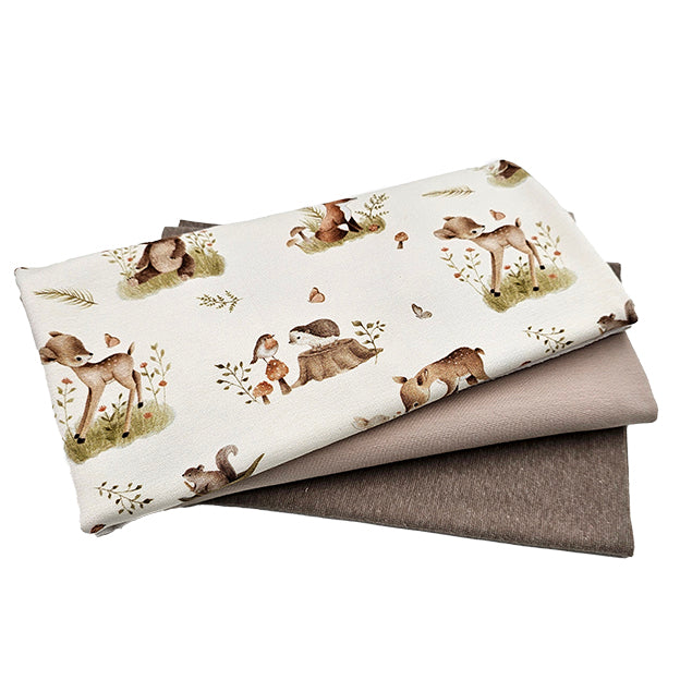 French Terry Stoffpaket Waldtiere und beige mit Bündchen