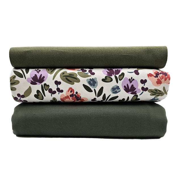 Stoffpaket French Terry Blumen wollweiß und uni mit Bündchen