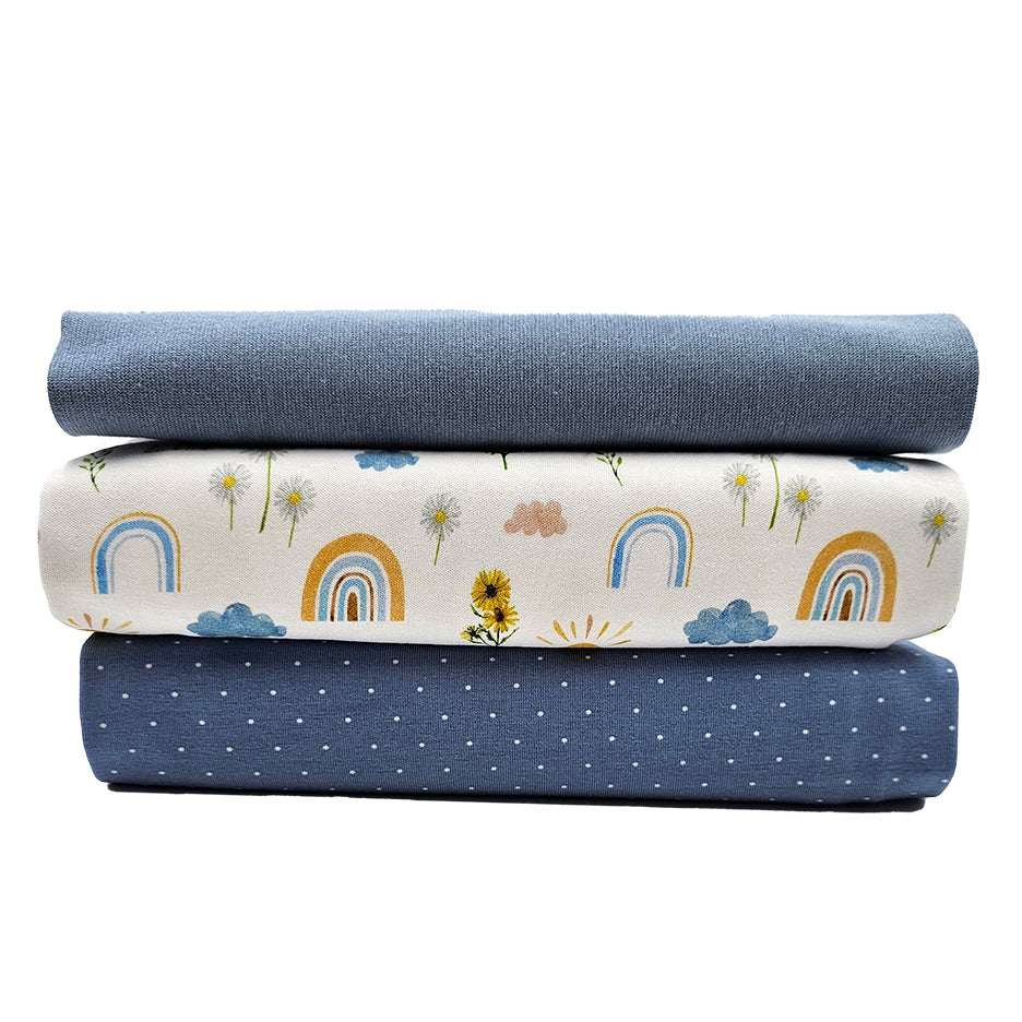 Jersey Stoffpaket Regenbogen und Punkte himmelblau mit Bündchen
