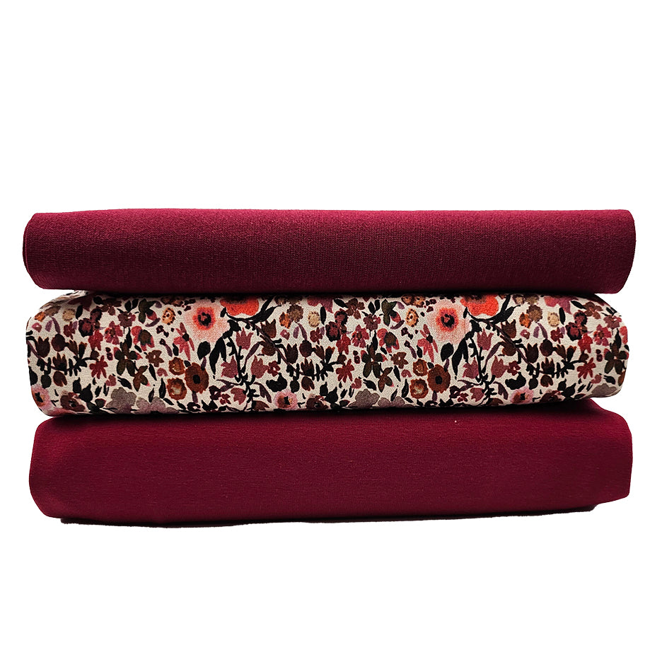 Jersey Stoffpaket Blumen und uni weinrot mit Bündchen