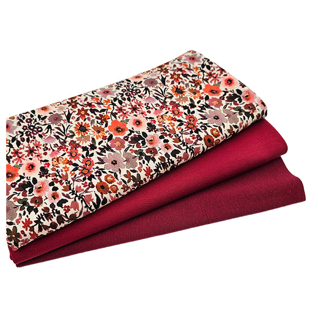 Jersey Stoffpaket Blumen und uni weinrot mit Bündchen