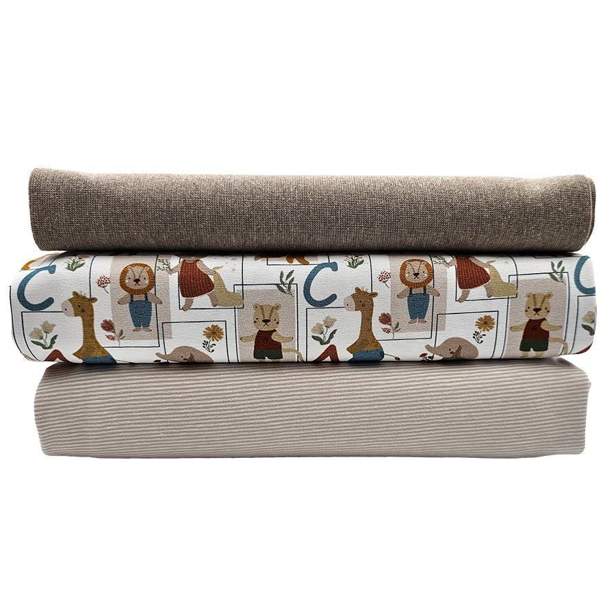 Jersey Stoffpaket ABC Tiere und Streifen sand mit Bündchen