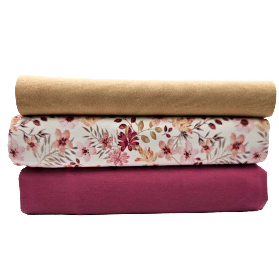 Jersey Stoffpaket Blumen Pastell rosa und uni mit Bündchen