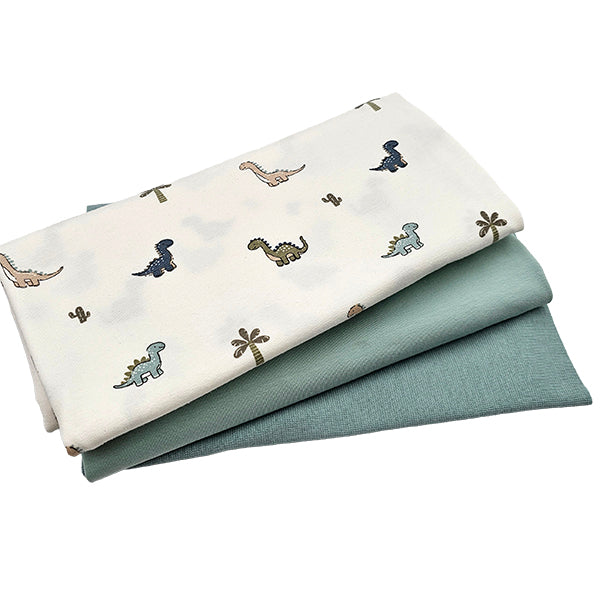 Jersey Stoffpaket Dinosaurier mit Pflanzen und uni mit Bündchen