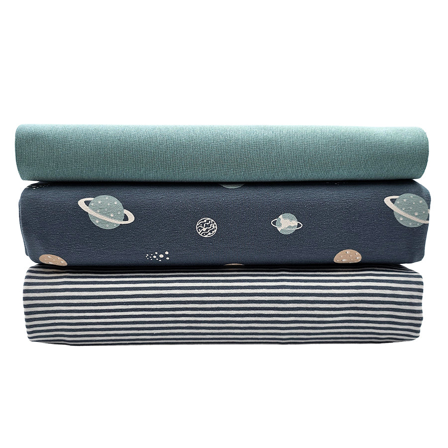 Jersey Stoffpaket Planeten indigoblau und streifen mit Bündchen Bio