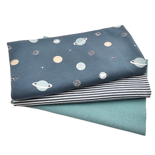 Jersey Stoffpaket Planeten indigoblau und streifen mit Bündchen Bio