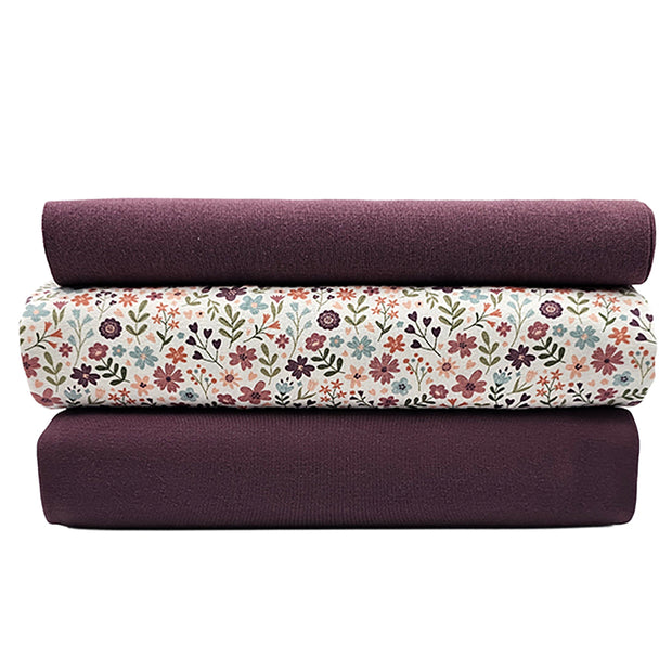 Jersey Stoffpaket bunte Blumen und uni aubergine mit Bündchen