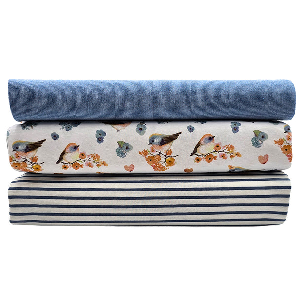 Jersey Stoffpaket Vögel und Streifen mit Bündchen