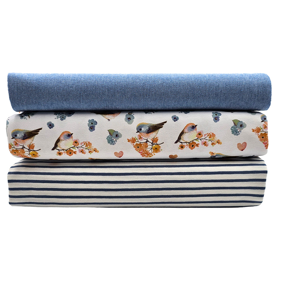 Jersey Stoffpaket Vögel und Streifen mit Bündchen