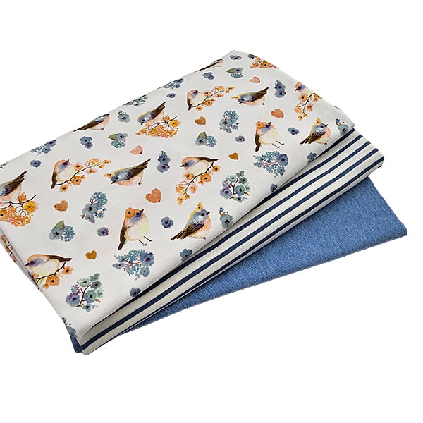 Jersey Stoffpaket Vögel und Streifen mit Bündchen